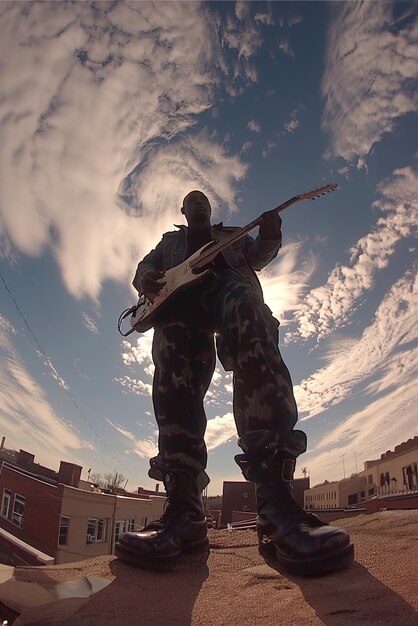 Photo a man practicing guitar on a balcony overlooking the city skyline