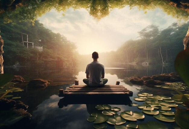 Photo a man practicing mindfulness and meditation in a peaceful natural environment