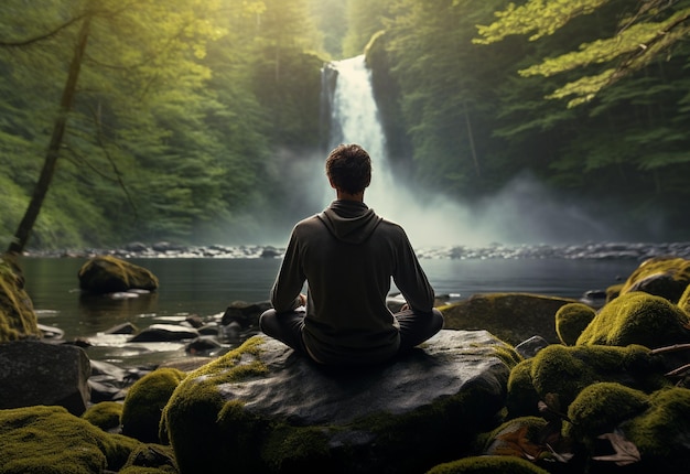 A man practicing mindfulness and meditation in a peaceful natural environment