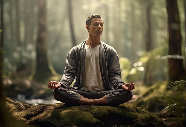 A man practicing mindfulness and meditation in a peaceful natural environment