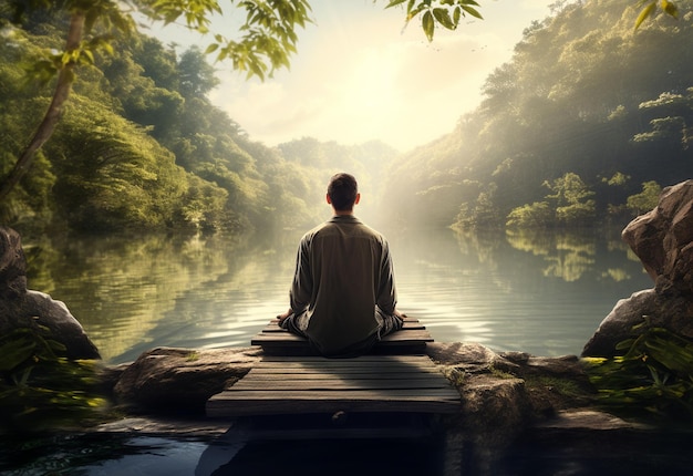 A man practicing mindfulness and meditation in a peaceful natural environment