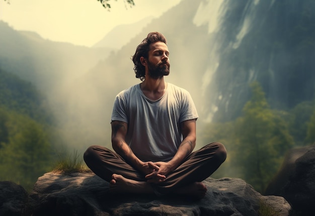 A man practicing mindfulness and meditation in a peaceful natural environment