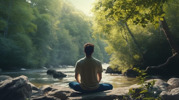 平和 な 自然 の 環境 で マインドフルネス と 瞑想 を 行なう 人