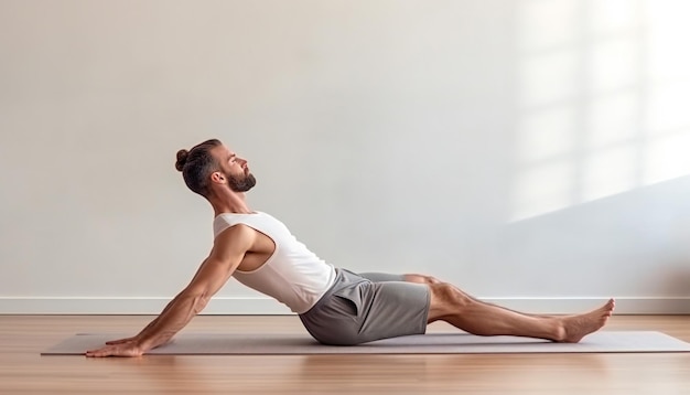 Мужчина практикует позу йоги, облегчающую ветер, на полу, вид сбоку