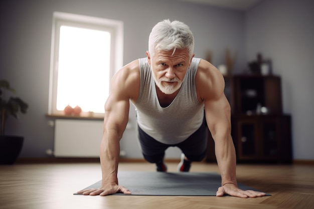 写真 マットの上でヨガを練習する男性