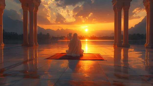 A Man Practicing Yoga at Sunset in Hindu Art Style