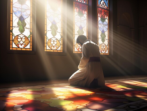 Photo a man praying in a church at sunrise