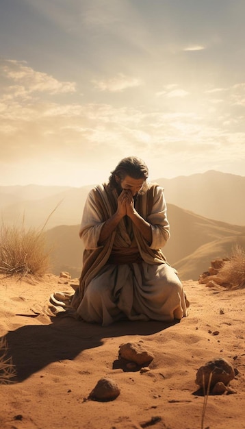 a man praying in the desert with mountains in the background.