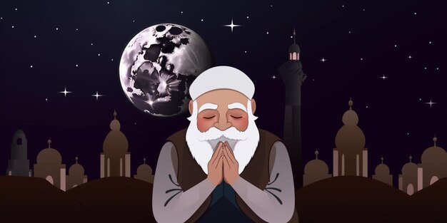 A man praying in front of a moon