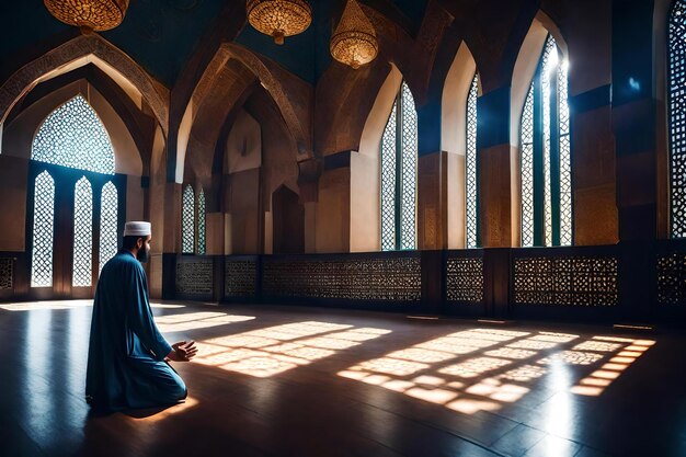 Foto un uomo che prega all'interno di una moschea con il sole che splende attraverso le finestre.