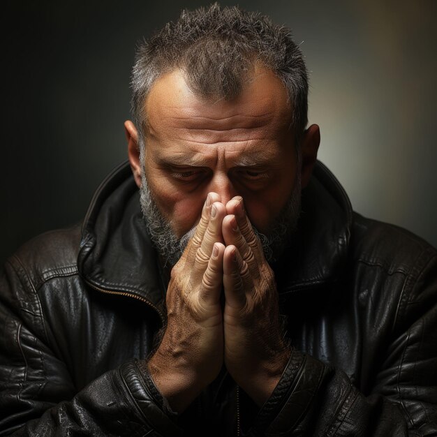 Photo man praying in leather jacket