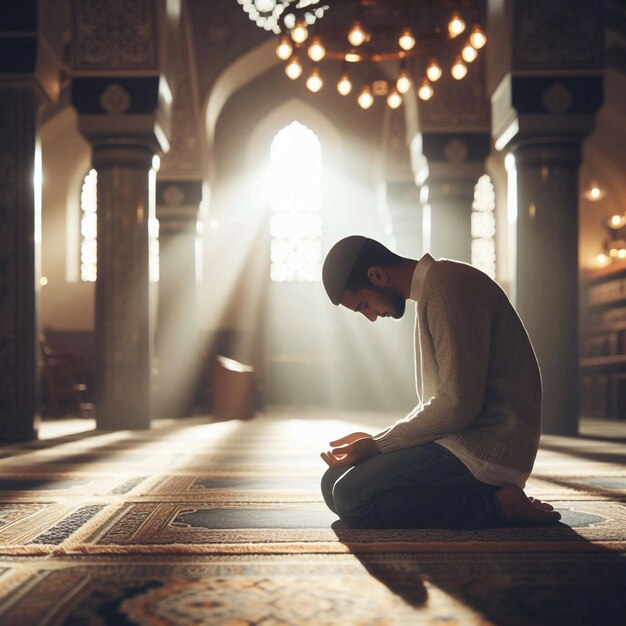 Photo a man praying in a mosque with the light coming through the window