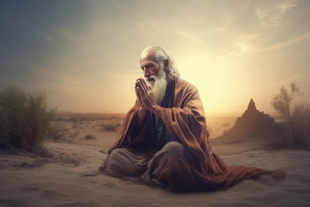 Foto uomo che prega religioso nel deserto arabo musulmano genera ai
