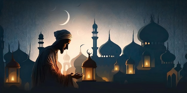 달을 배경으로 모스크 앞에서 기도하는 남자
