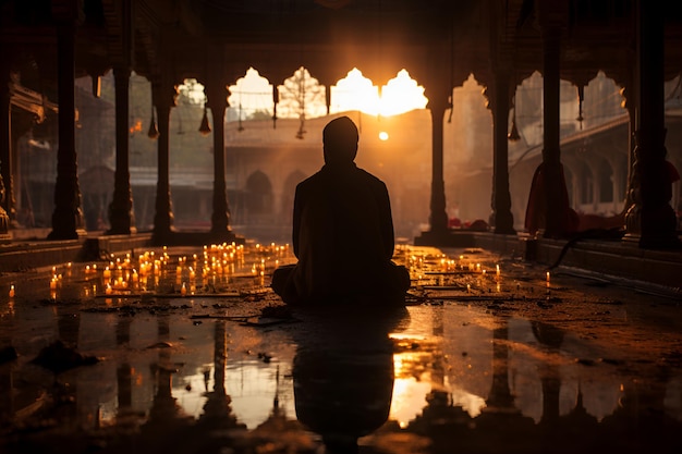 A man prays on his knees in front of a temple at sunset Indian religion and culture