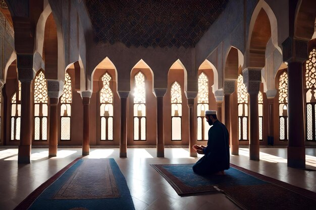 Foto un uomo prega in una moschea.