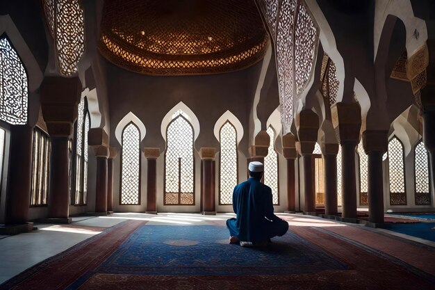한 남자가 모스크에서 기도하고 있다.