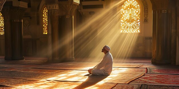 Photo a man prays in a mosque