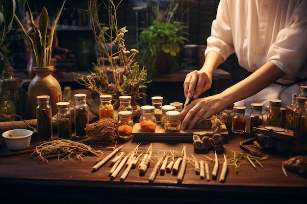 a man prepares a dish of spices on a table.