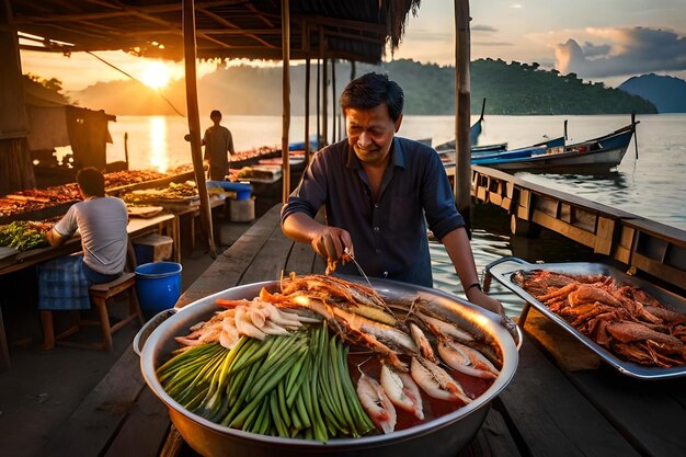 A man prepares fish on a boat at sunset.