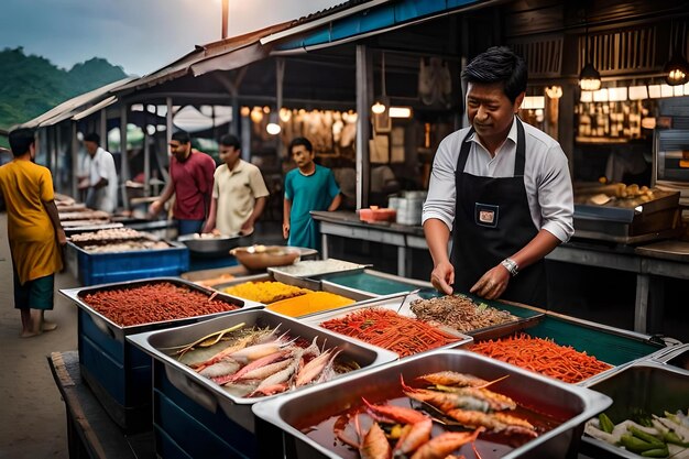 A man prepares fish at a market.