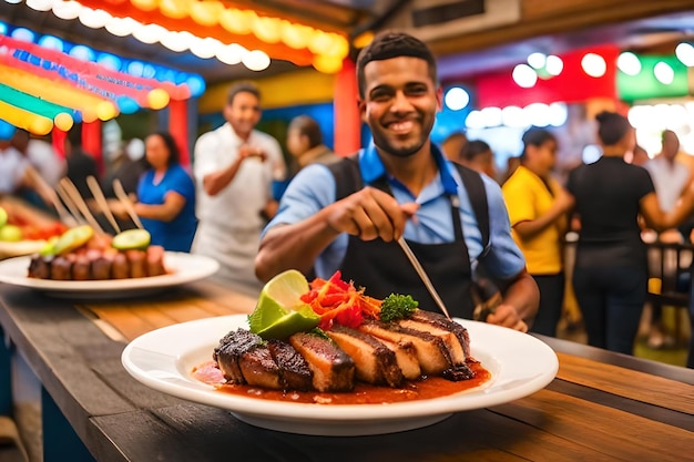 Photo a man prepares a plate of food at a restaurant.