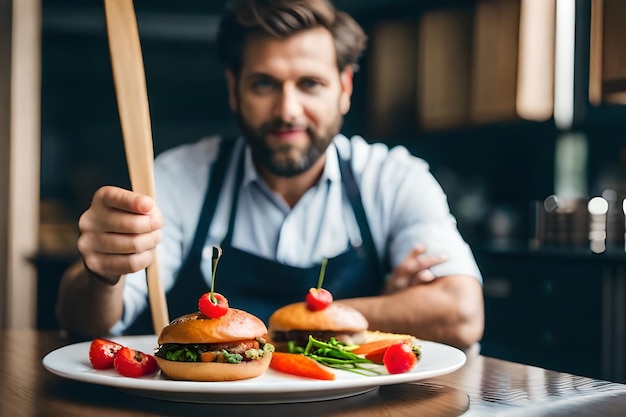 a man prepares a plate of food with a knife and chopsticks.