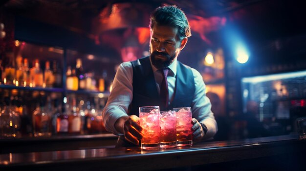 Photo a man preparing cocktail in bar blur background