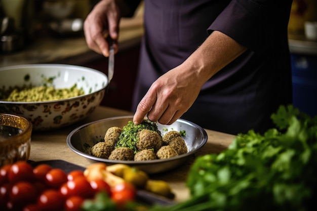 Photo man preparing a falafel mix in a kitchen