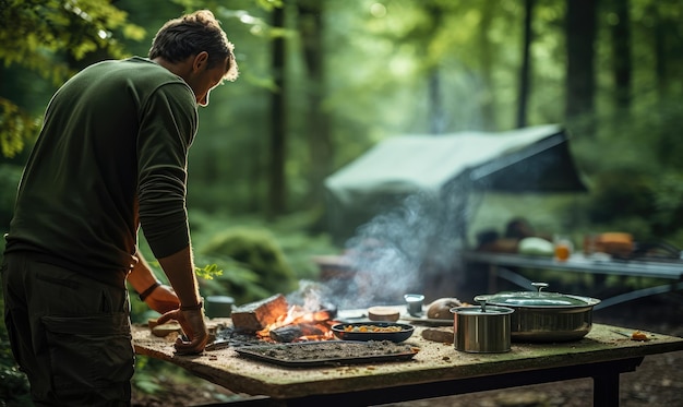 Man Preparing Food on Campfire in Forest