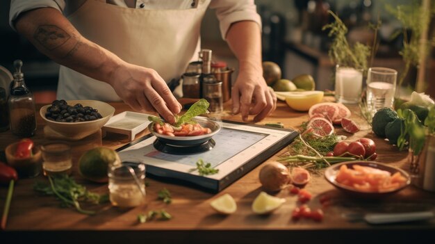 写真 木製 の テーブル の 上 で 食事 を 準備 する 人