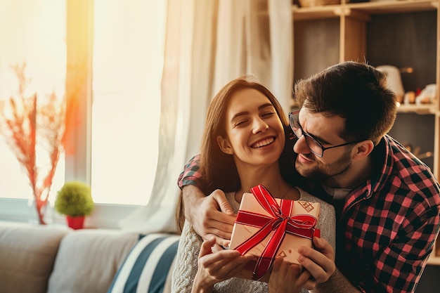 남자가 집에 있는 방에서 여자친구에게 선물을 선물하는 것은 그들의 사랑의 상징이다.