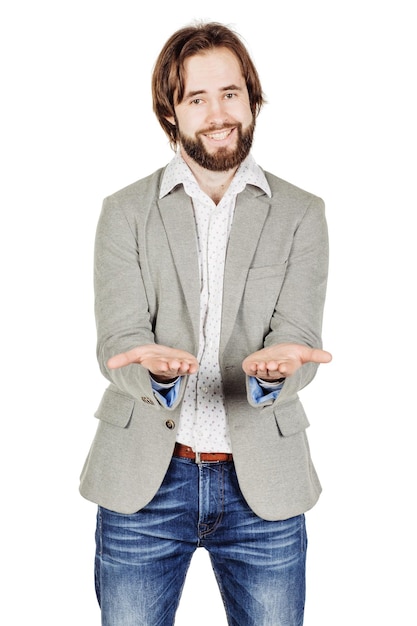 Man presenting or showing something your text or product human emotion expression and lifestyle concept image on a white studio background