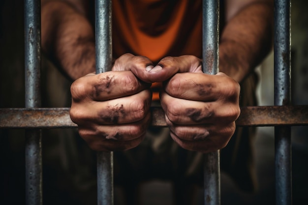 Man behind prison bars Men's hands rest on the bars of a prison or prison cell Conclusion concept Crime and Punishment Closeup Repression Justice