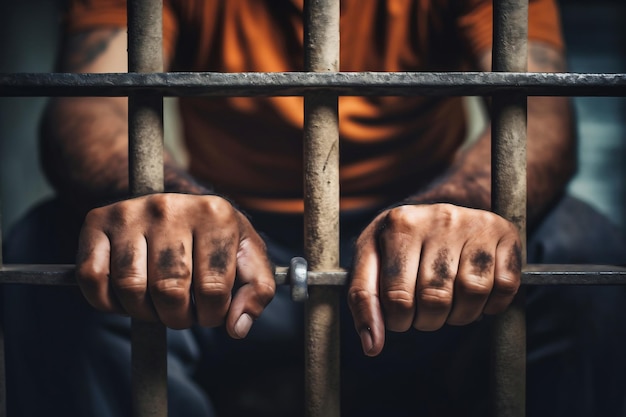 Человек за тюремной решеткой Мужские руки покоятся на решетке тюрьмы или тюремной камеры Концепция заключения Преступление и наказание Крупный план Репрессии Справедливость