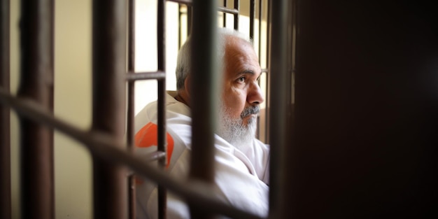 A man in a prison cell looks out of the window.