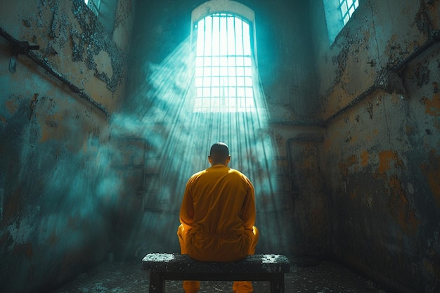 Man prisoner sitting in dark interrogation room