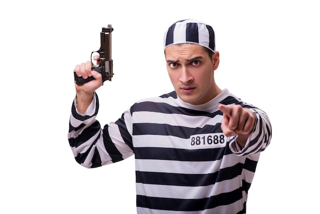 Man prisoner with gun isolated on white