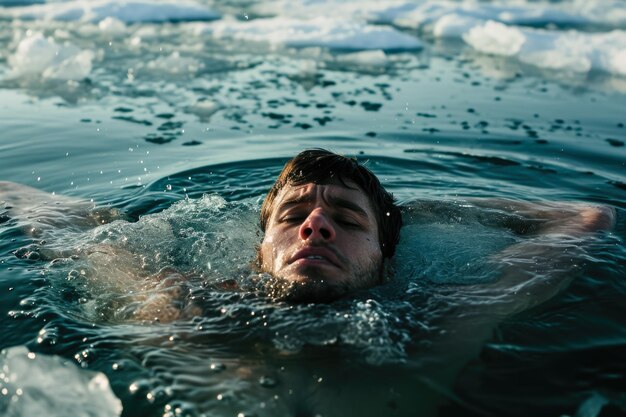Man probeert naar de rand van het ijs te zwemmen met zijn armen die moe worden.