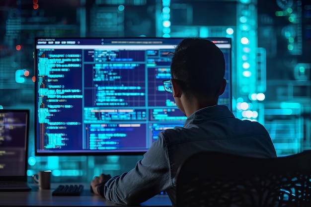 サイバーセキュリティホログラムを備えたコンピューター画面上の男性プログラマーコード