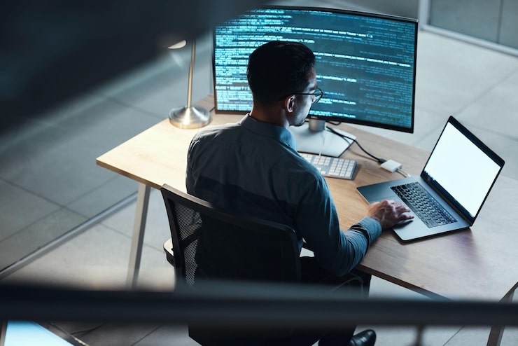 Photo man programmer and coding at night on laptop mockup screen for networking malware or software at the office male person coder or developer working late in computer display in problem solving