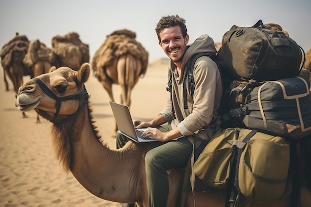 A man programmer riding a camel Coding sitting on camel with a laptop in the desert Working remote o