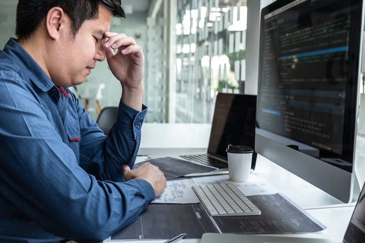 Photo man programmer stressed and headache project in software development computer in it company office, writing codes and data code website and coding database technologies to find solution.