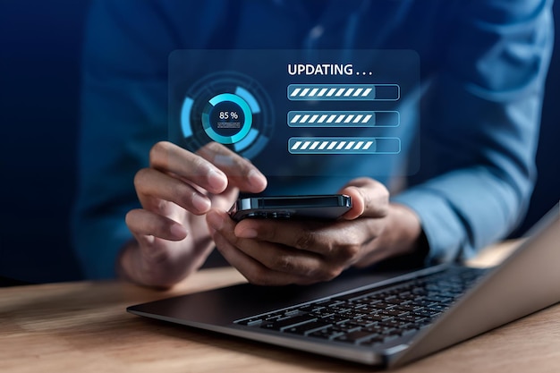 man programmer update software system with loading information upgrade version system business technology internet with installing the update for the quality better