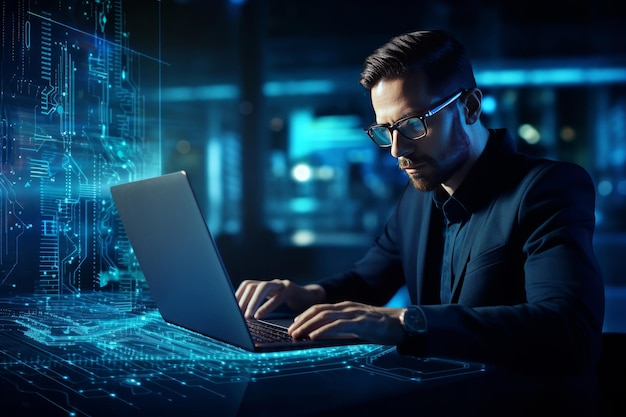 Premium Photo | Man programming big data on laptop with virtual interface