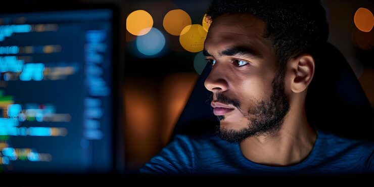 Photo a man programming on a computer for software development or cybersecurity concept software development cybersecurity coding technology programming
