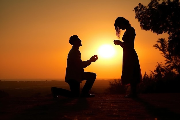 Man propses a woman to marry Silhouette at Sunset illustration generative ai