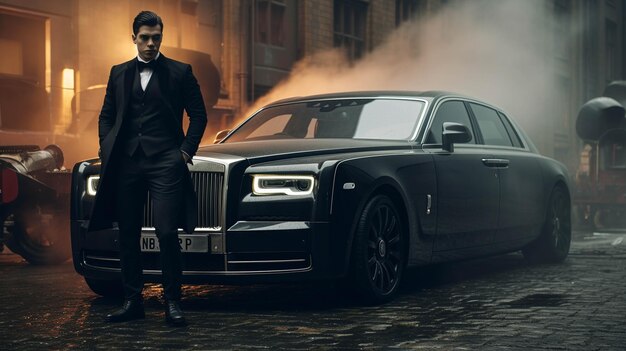 Photo a man protected with body gaurd and a rolls royce