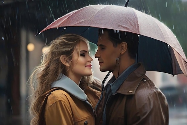 a man protecting his girlfriend from the rain using an umbrella