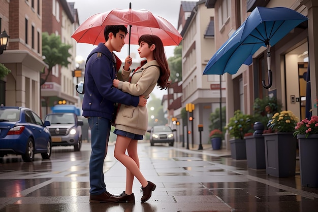 a man protecting his girlfriend from the rain using an umbrella